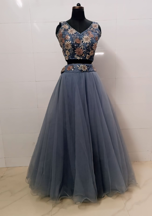 Steel Blue Net Lehenga with Floral Embroidered Blouse
