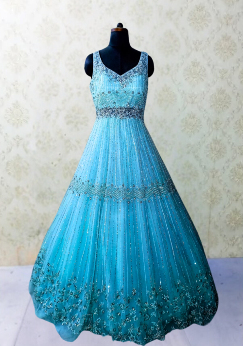 blue hand work design gown