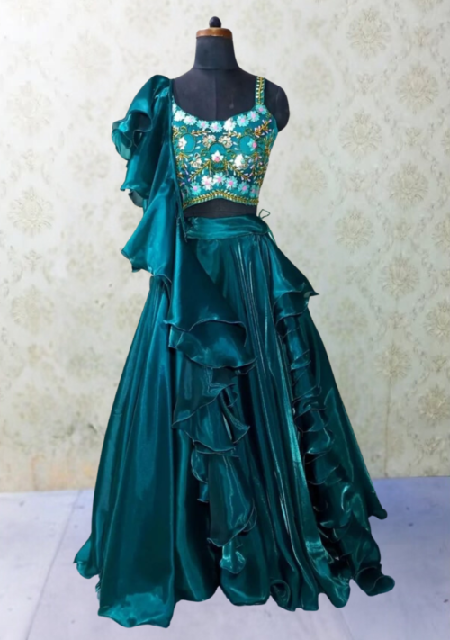 Emerald Green Embroidered Lehenga with Ruffled Dupatta
