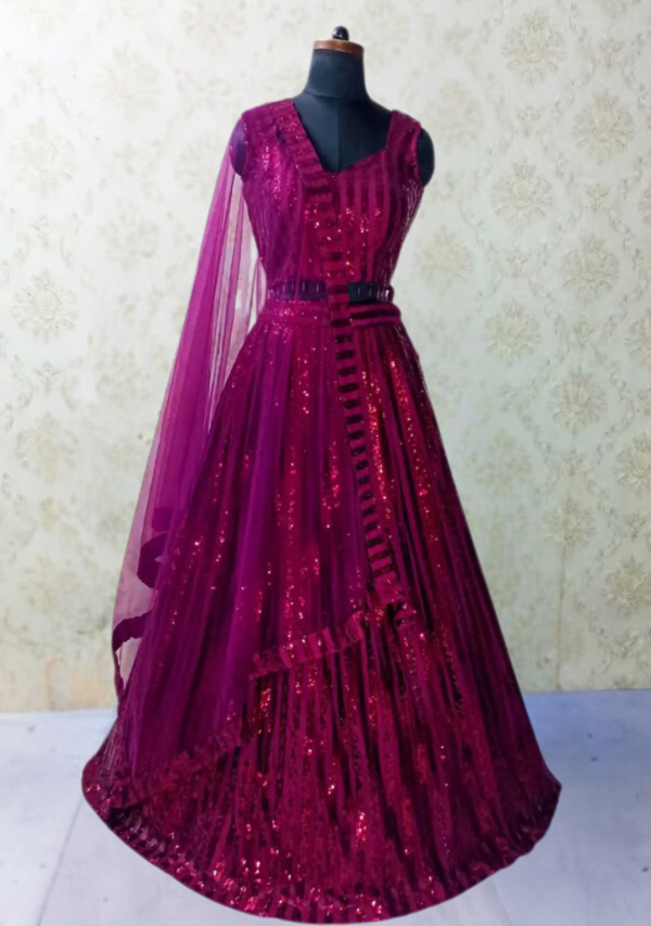 Wine Red Sequin Embellished Gown with Dupatta