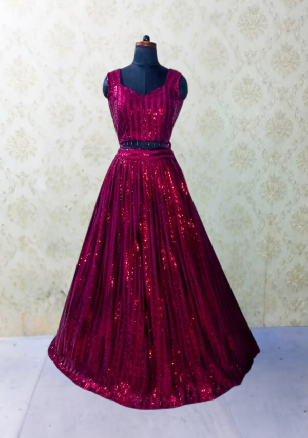 Wine Red Sequin Embellished Gown with Dupatta - Image 2