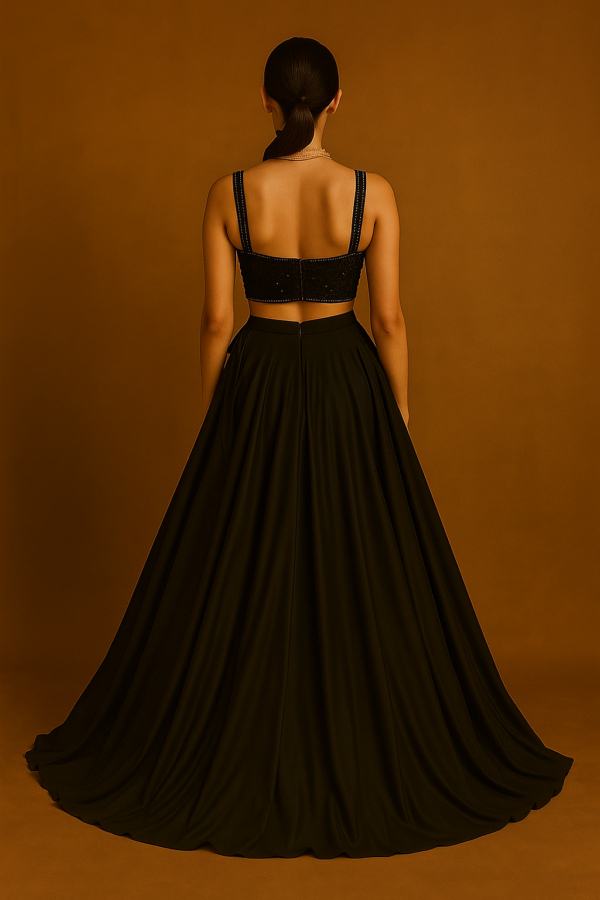 this is black crop top with barabari satan and work with net duptta.