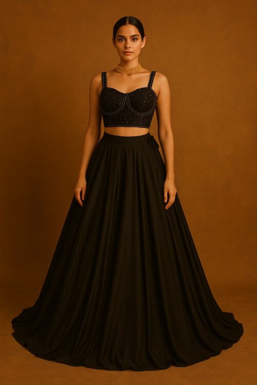 this is black crop top with barabari satan and work with net duptta.
